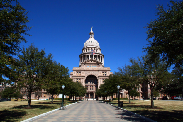 The Texas State Capitol Building entrance from downtown Austin.
